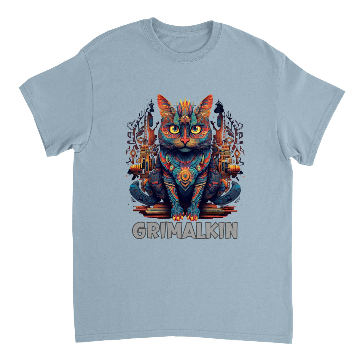 A colorful t-shirt featuring an illustration of a Grimalkin cat with a detailed and vibrant design, sitting on a textured background.