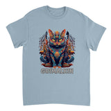 A colorful t-shirt featuring an illustration of a Grimalkin cat with a detailed and vibrant design, sitting on a textured background.
