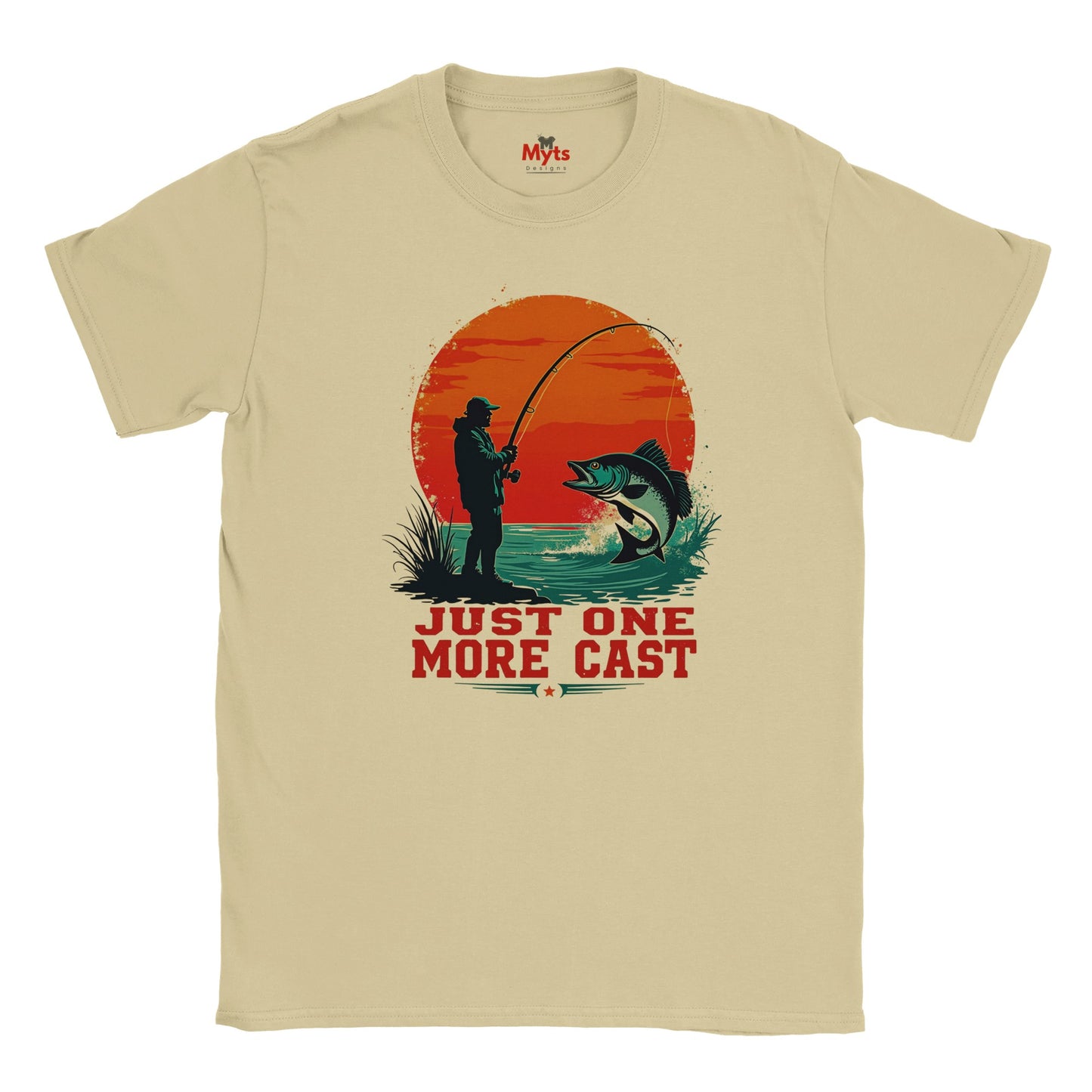 Natural t-shirt with a fishing graphic and text 'Just One More Cast' on a white background