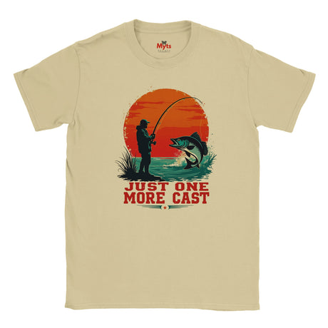 Natural t-shirt with a fishing graphic and text 'Just One More Cast' on a white background
