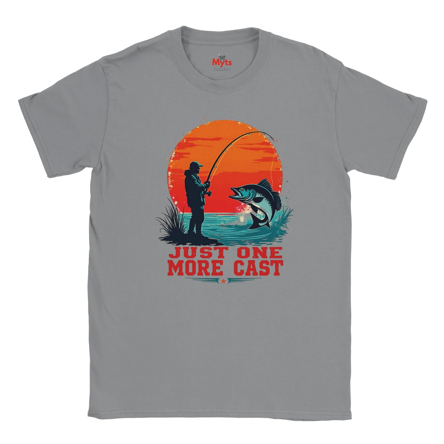 Gray t-shirt with a fishing graphic and 'Just One More Cast' text on a white background