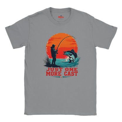 Gray t-shirt with a fishing graphic and 'Just One More Cast' text on a white background