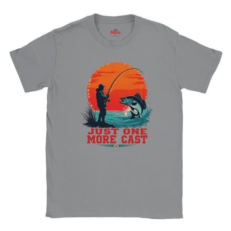 Gray t-shirt with a fishing graphic and 'Just One More Cast' text on a white background