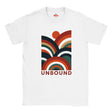 A white short-sleeve crewneck t-shirt featuring a retro-style multicolor graphic with concentric arches and the word 'UNBOUND' printed below it. The inner collar shows the 'Myts' brand logo.