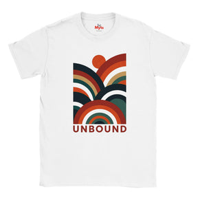A white short-sleeve crewneck t-shirt featuring a retro-style multicolor graphic with concentric arches and the word 'UNBOUND' printed below it. The inner collar shows the 'Myts' brand logo.