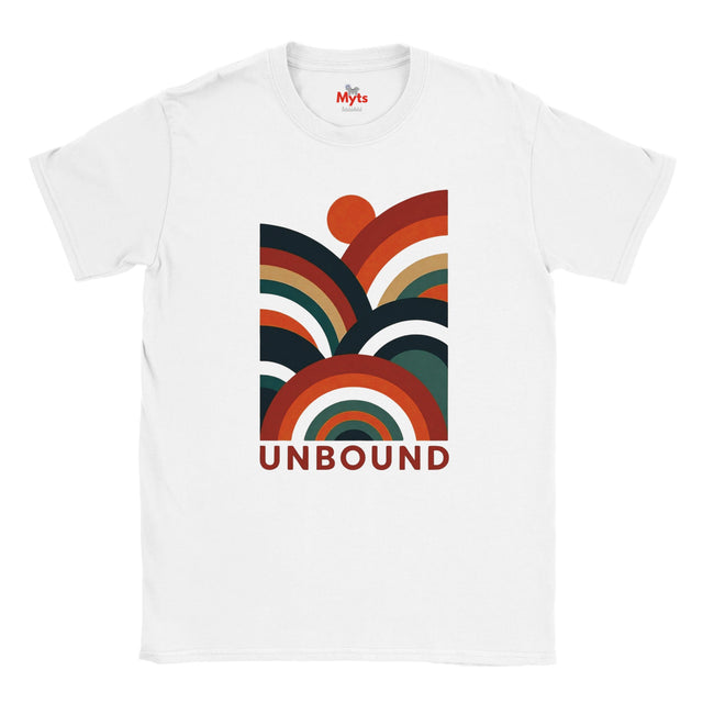 A white short-sleeve crewneck t-shirt featuring a retro-style multicolor graphic with concentric arches and the word 'UNBOUND' printed below it. The inner collar shows the 'Myts' brand logo.