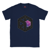 Navy blue t-shirt with geometric cube design on a white background