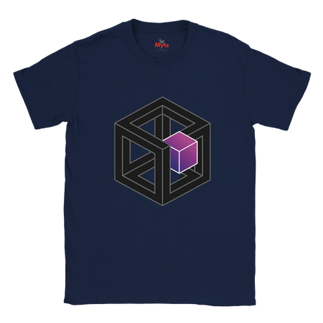 Navy blue t-shirt with geometric cube design on a white background