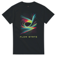 Black t-shirt with colorful abstract design and 'FLOW STATE' text on a white background