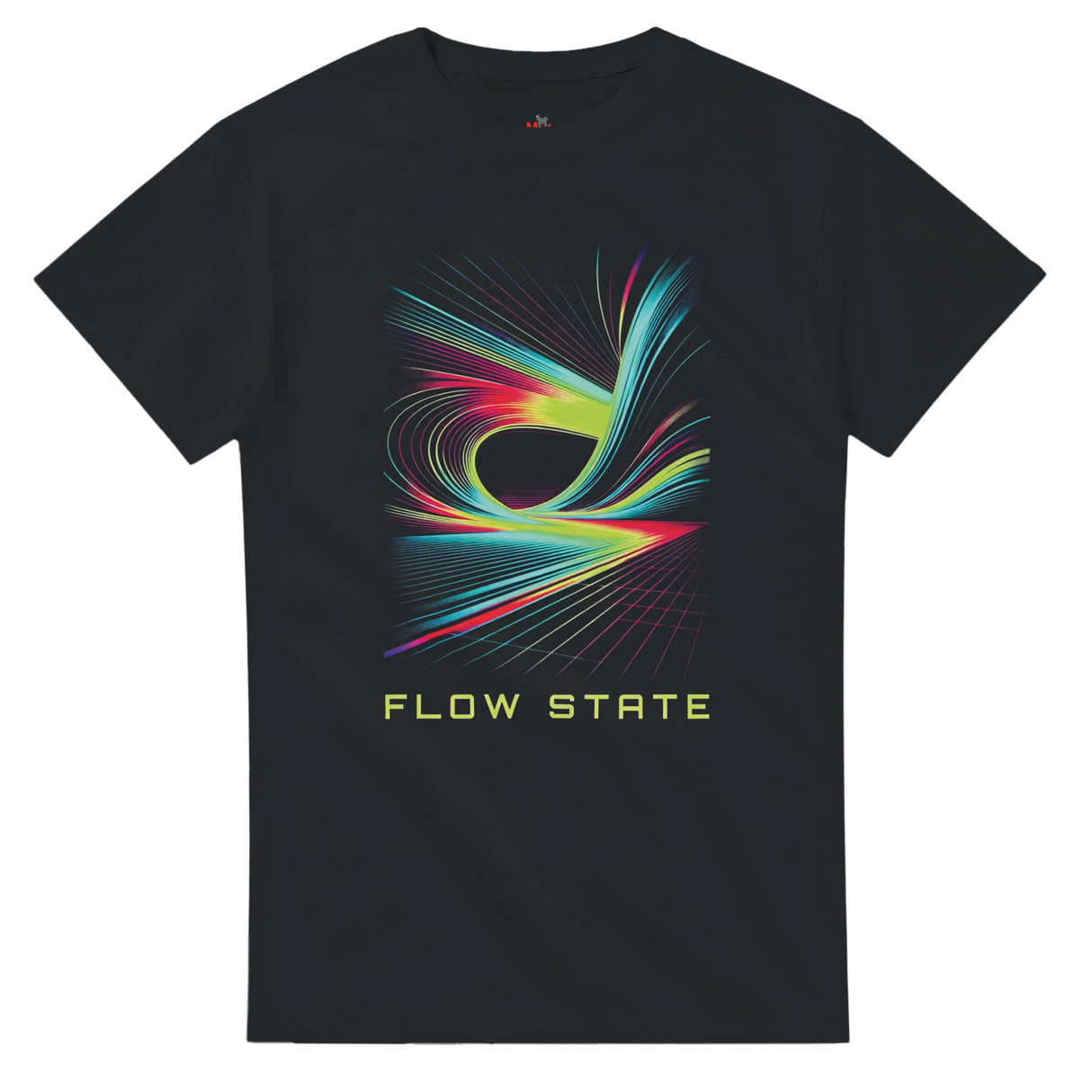 Black t-shirt with colorful abstract design and 'FLOW STATE' text on a white background