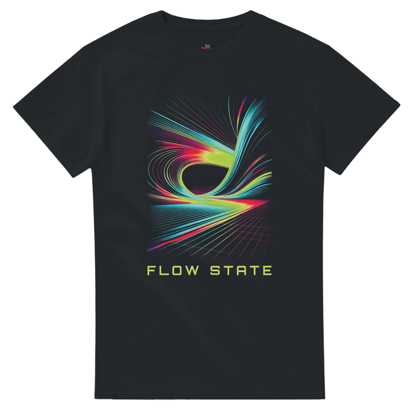 Black t-shirt with colorful abstract design and 'FLOW STATE' text on a white background