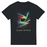 Black t-shirt with colorful abstract design and 'FLOW STATE' text on a white background