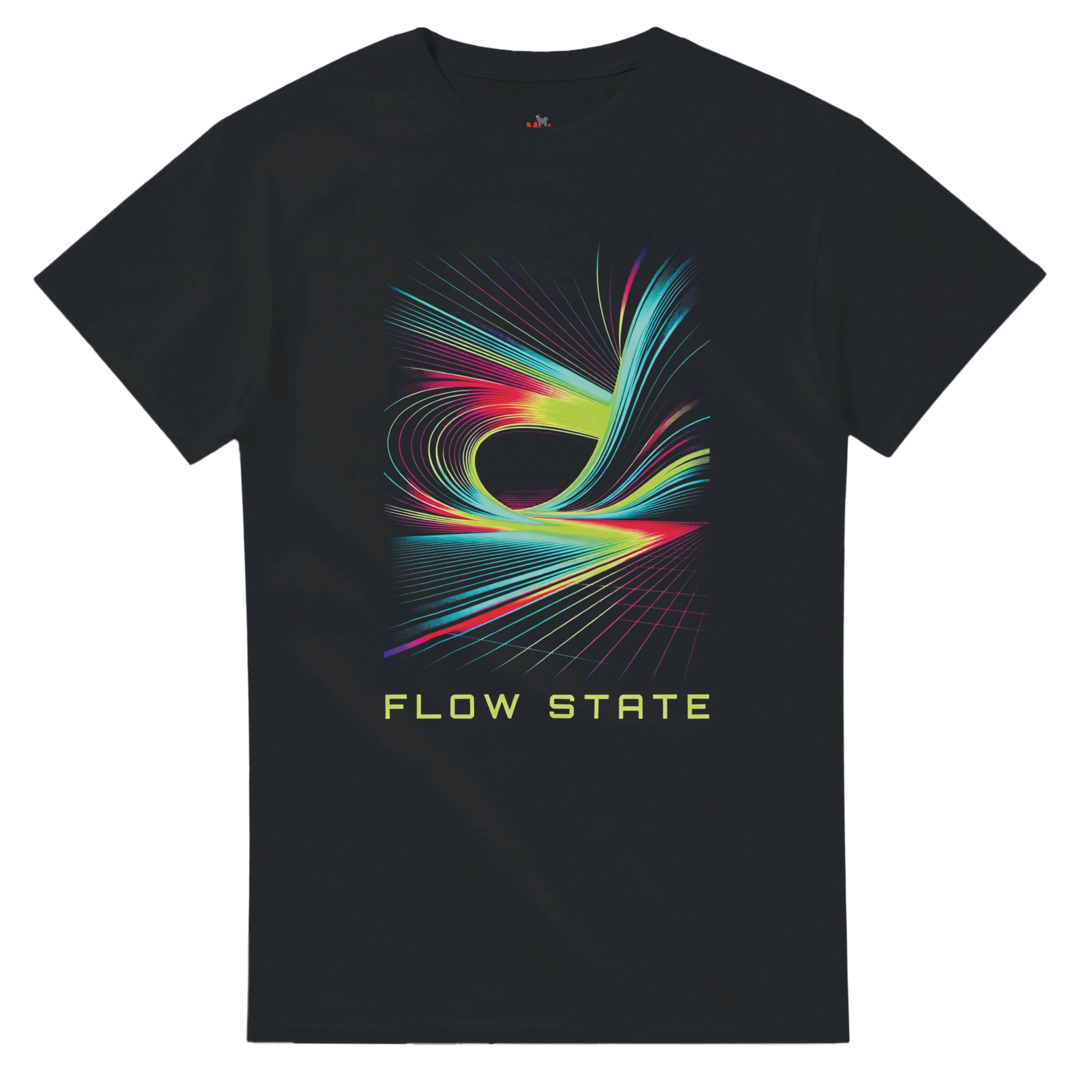 Black t-shirt with colorful abstract design and 'FLOW STATE' text on a white background