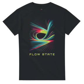 Black t-shirt with colorful abstract design and 'FLOW STATE' text on a white background