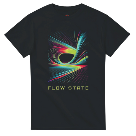 Black t-shirt with colorful abstract design and 'FLOW STATE' text on a white background