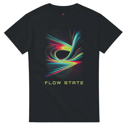 Black t-shirt with colorful abstract design and 'FLOW STATE' text on a white background