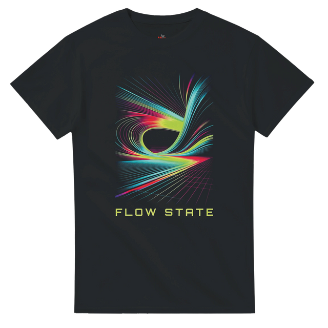Black t-shirt with colorful abstract design and 'FLOW STATE' text on a white background