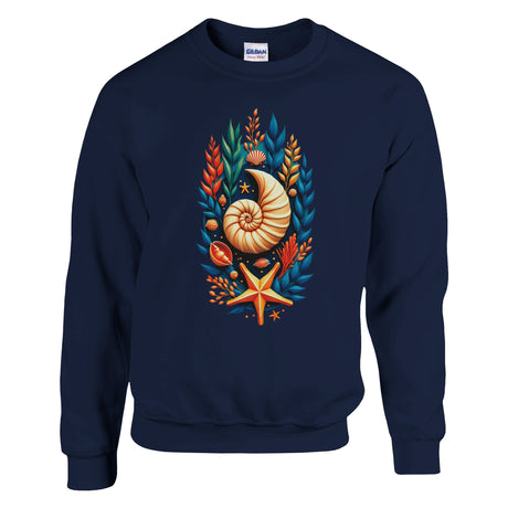 A navy blue crewneck sweatshirt featuring a colorful graphic print of a nautilus shell, starfish, and seashells on the front, displayed against a solid white background.