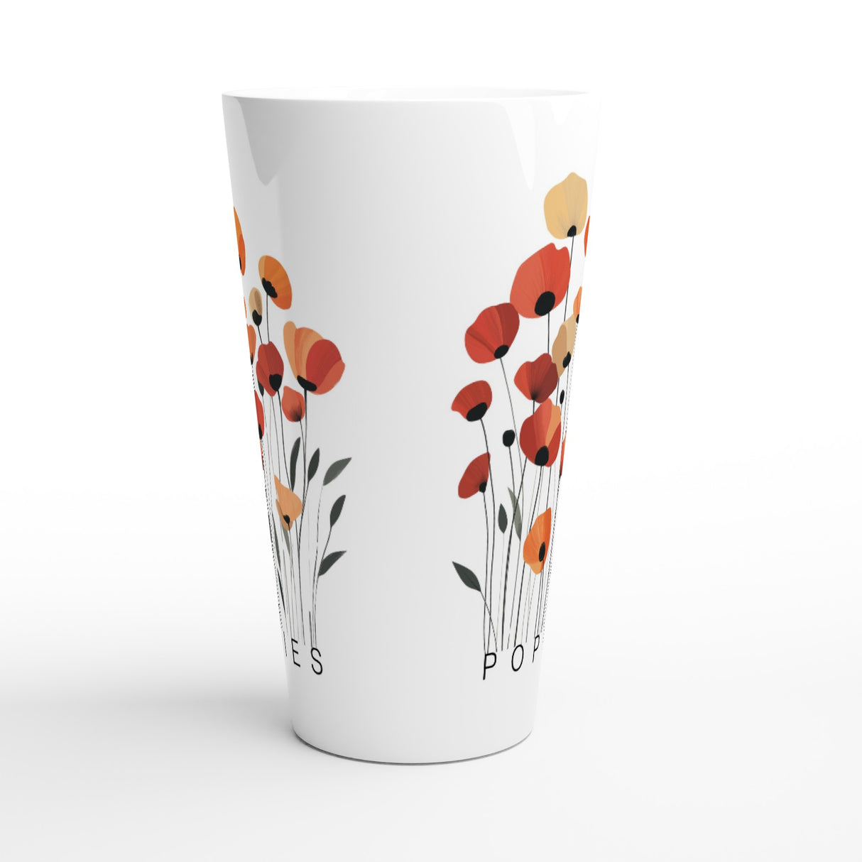 A tall white tapered glass featuring a stylized poppy floral pattern in red, orange, and yellow with black centers and green stems. The word 'Poppies' is printed near the base.