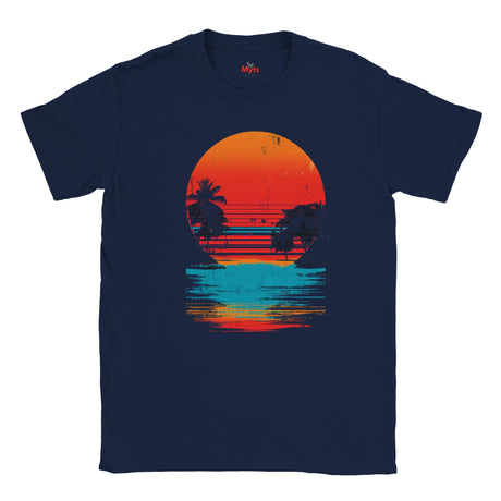 Navy blue t-shirt with a sunset and palm tree design on a white background