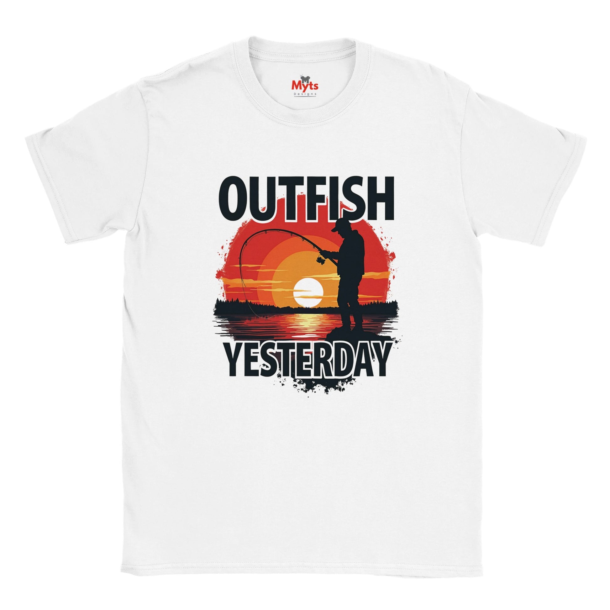 Outfish Yesterday fishing T-shirt with sunset angler silhouette graphic on white unisex tee