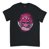 Black t-shirt with a colorful angel design on a white background
