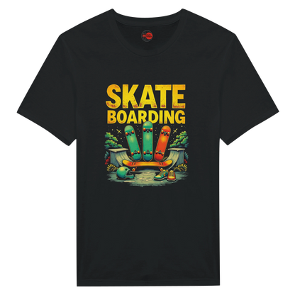 Black t-shirt with 'Skateboarding' graphic and colorful skateboards on a white background