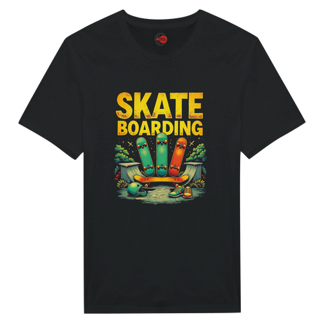 Black t-shirt with 'Skateboarding' graphic and colorful skateboards on a white background