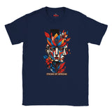 Navy Faces of Spring T-shirt featuring colourful abstract geometric faces surrounded by red, blue and yellow flowers, leaves and expressive paint details.