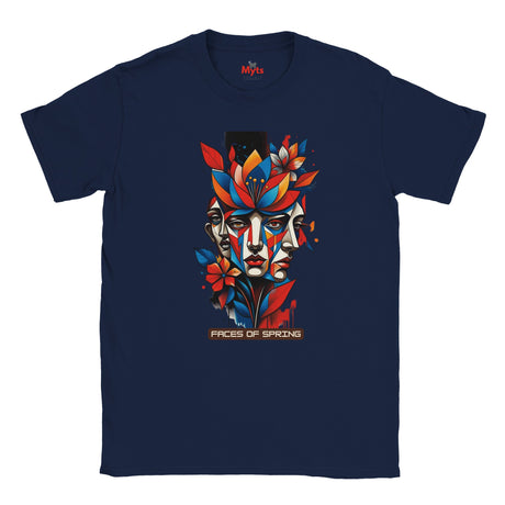 Navy Faces of Spring T-shirt featuring colourful abstract geometric faces surrounded by red, blue and yellow flowers, leaves and expressive paint details.