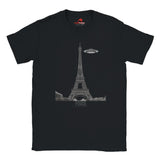 Front view of a black soft casual tee featuring a whimsical graphic of the Eiffel Tower with a retro‑style spaceship orbiting it, printed on ultra‑soft Gildan 64000 cotton.