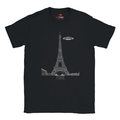 Front view of a black soft casual tee featuring a whimsical graphic of the Eiffel Tower with a retro‑style spaceship orbiting it, printed on ultra‑soft Gildan 64000 cotton.