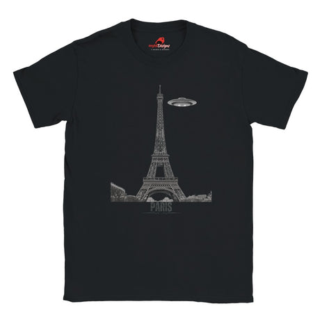 Front view of a black soft casual tee featuring a whimsical graphic of the Eiffel Tower with a retro‑style spaceship orbiting it, printed on ultra‑soft Gildan 64000 cotton.