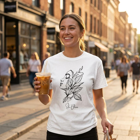 Woman wearing a white t-shirt with a design, holding iced coffee, walking on a city street.
