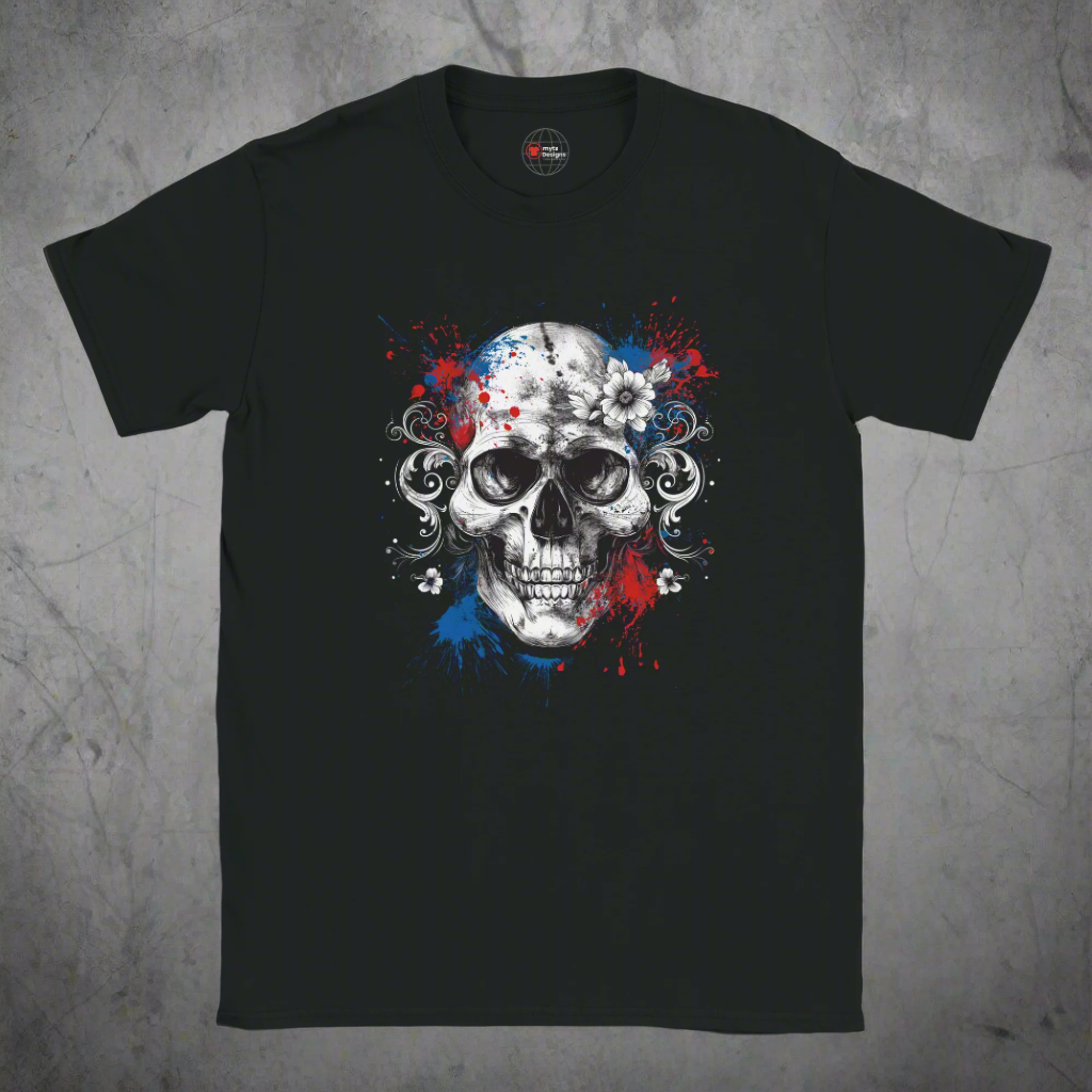 Black t-shirt with a skull design featuring red, blue, and white colors on a white background.
