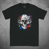 Black t-shirt with a skull design featuring red, blue, and white colors on a white background.