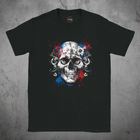 Black t-shirt with a skull design featuring red, blue, and white colors on a white background.