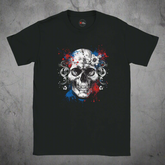 Black t-shirt with a skull design featuring red, blue, and white colors on a white background.