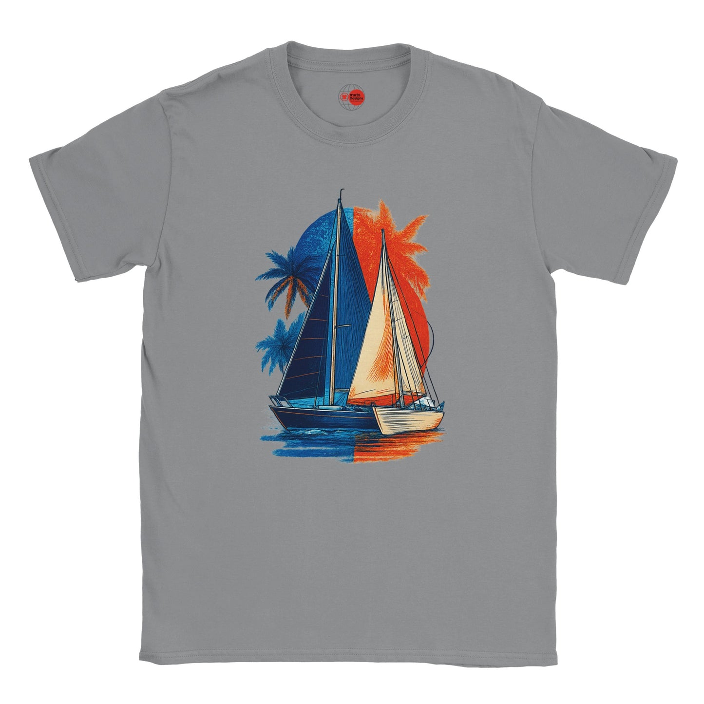 Gray t-shirt with a sailboat and palm tree design on a white background