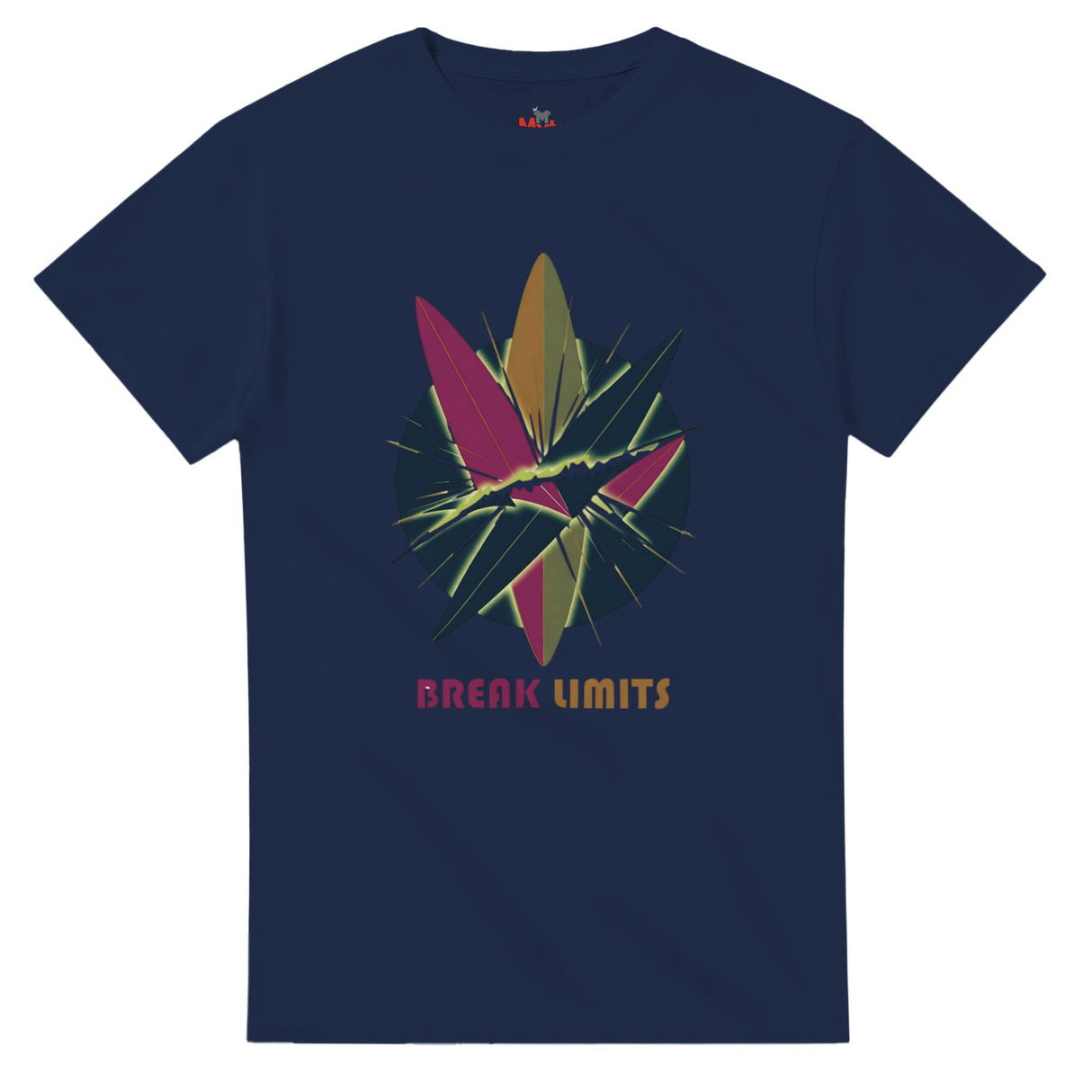 Navy blue t-shirt with colorful graphic design and 'Break Limits' text on a white background