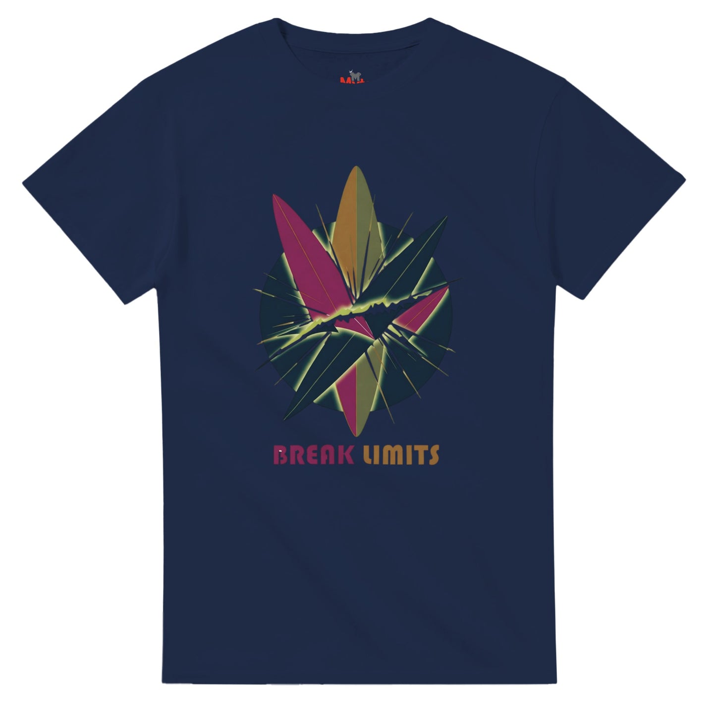 Navy blue t-shirt with colorful graphic design and 'Break Limits' text on a white background