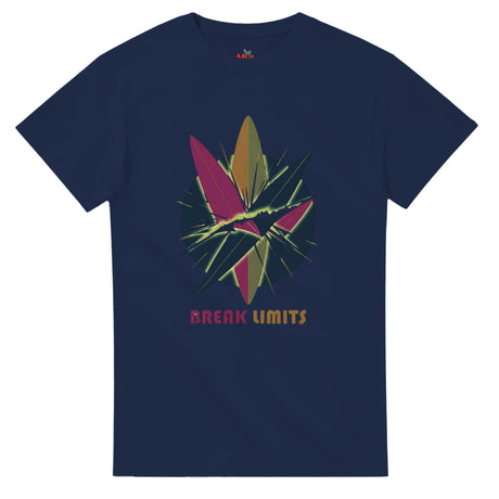 Navy blue t-shirt with colorful graphic design and 'Break Limits' text on a white background