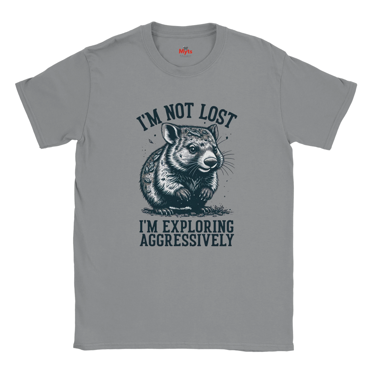 Gray t-shirt with 'Wombat' graphic design on a white background