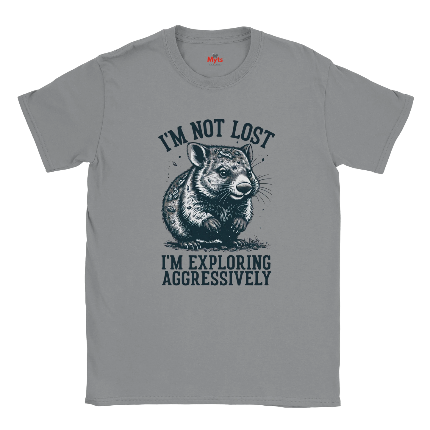 Gray t-shirt with 'Wombat' graphic design on a white background