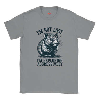 Gray t-shirt with 'Wombat' graphic design on a white background