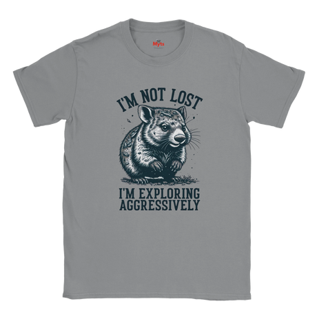 Gray t-shirt with 'Wombat' graphic design on a white background