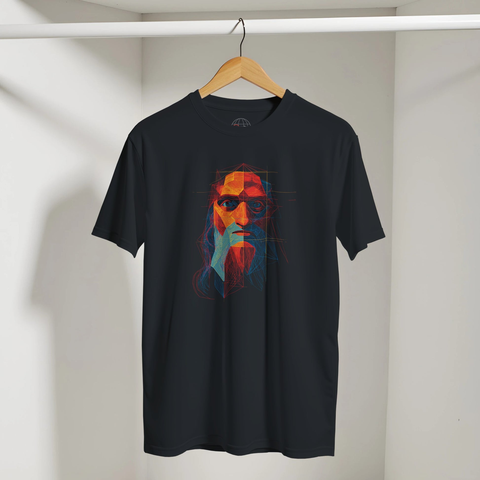 Black t-shirt with colorful graphic on a hanger against a neutral background
