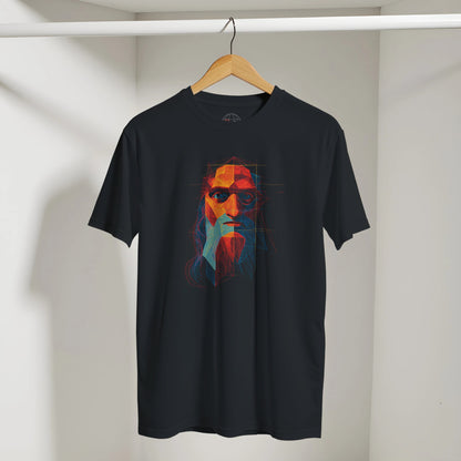 Black t-shirt with colorful graphic on a hanger against a neutral background