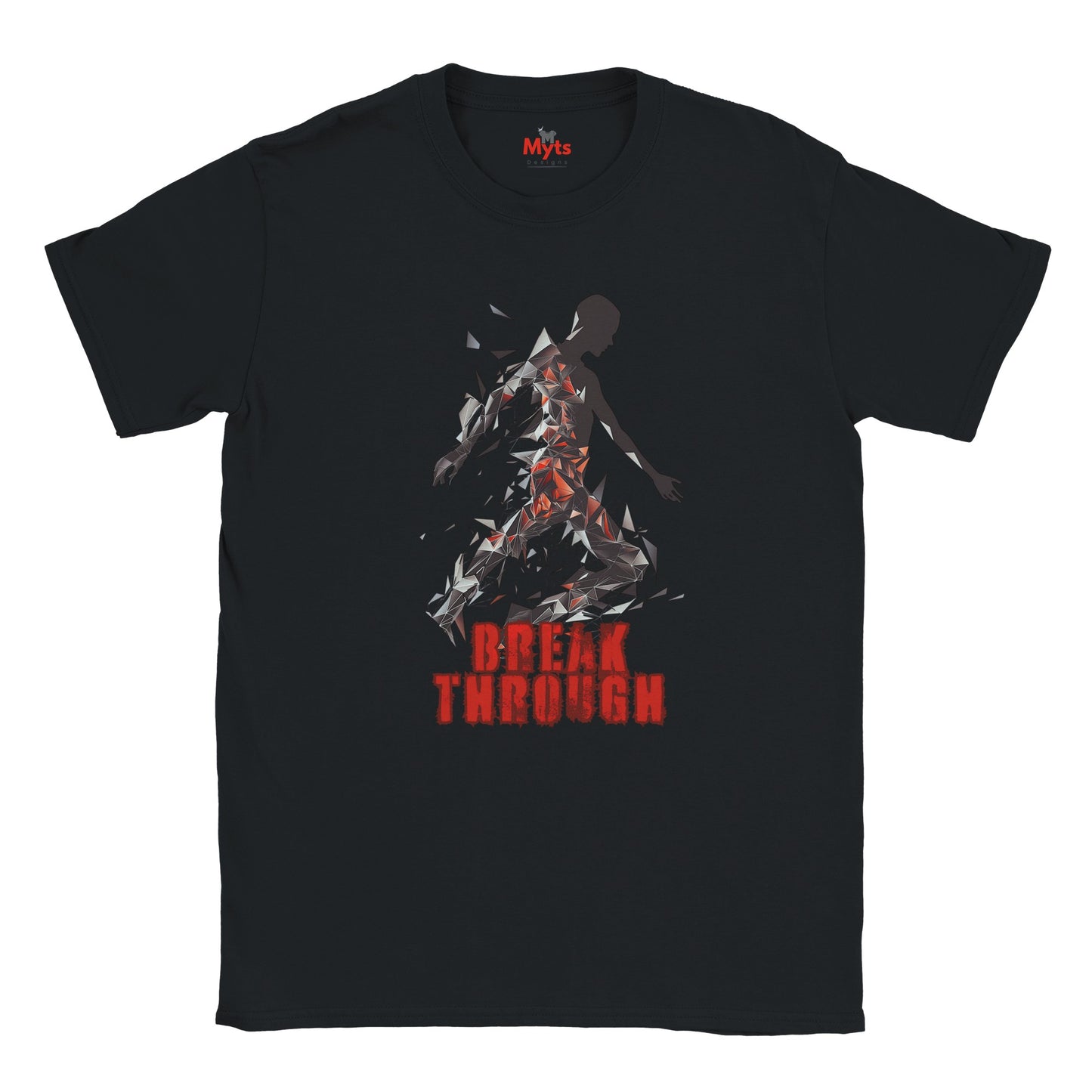 Black t-shirt, Flat Lay with a human figurine's shattering with bold text "Break Through".