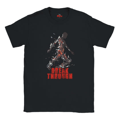 Black t-shirt, Flat Lay with a human figurine's shattering with bold text "Break Through".